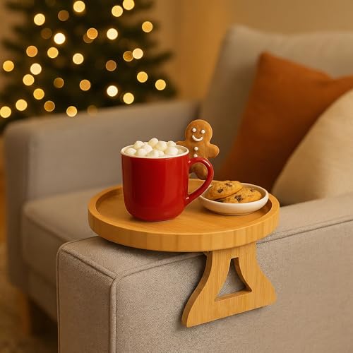 Image of Questsole Home Round Sofa Armrest Tray - 10 Inch Bamboo Clip-On Couch Table for Coffee Snacks Remote & Phone with Adjustable Arm Clamp
