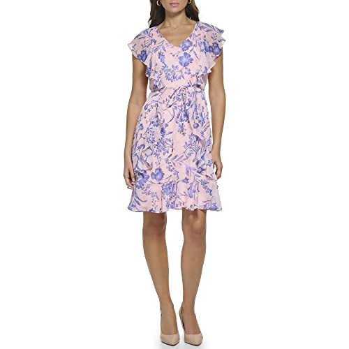 Image of Tommy Hilfiger Women's Sleeveless V-Neck Ruffle Trim Tie Waist Chiffon Mini Dress