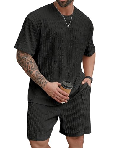 QUNERY Ensemble Homme Ete Survêtement Jogging 2 Pièces Tracksuit T-shirt + Short avec Poches Vacances Plage Costumes Noir L