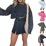 2024 New Lounge Washed Hoodie Skirt Set, Pink Laura Lounge Long Sleeve Skort Set, Mini Sweat Skort Set 2 Piece Outfits (Black,Large)