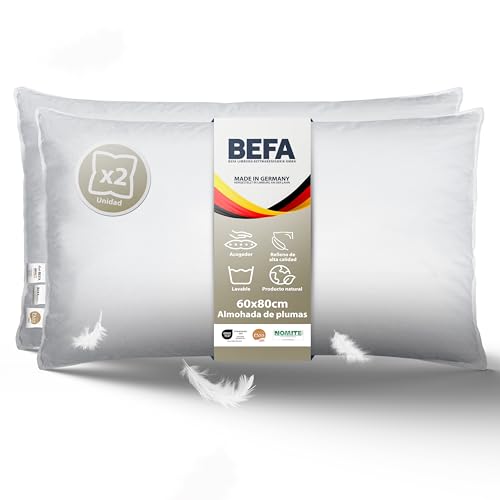 BEFA NATUR Almohada de Plumas 60x80 cm (2 Piezas) | 100% Plumas | 1125g Peso de Relleno/Pieza | Apta para alérgicos (NOMITE) | Certificación (DOWNPASS) | Oeko-Tex Clase 1