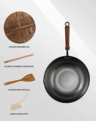 BIELMEIER-Wok-Pan-125-Woks-and-Stir-Fry-Pans-with-lid-Carbon-Steel-Wok-with-Cookware-Accessories-Wok-with-Lid-Suits-for-all-StovesFlat-Bottom-Wok