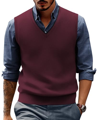 PJ PAUL JONES Mens Knitted Vest Pullover Cashmere Wool Blended Sweater Vest V-Neck Sleeveless Sweater Burgundy XXL