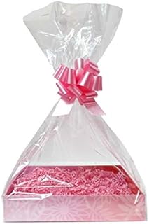 Jaffa Imports PINK DIY Gift Basket Hamper Kit - Pink Flower Easy-Fold Cardboard Tray, Pink Shred, Pink Bow, Cello Bag & Pink Gift Tag (Large - 35cm x 24cm x 8cm high)
