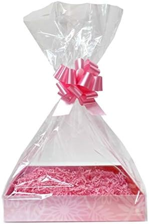 Jaffa Imports PINK DIY Gift Basket Hamper Kit - Pink Flower Easy-Fold Cardboard Tray, Pink Shred, Pink Bow, Cello Bag & Pink Gift Tag (Large - 35cm x 24cm x 8cm high)