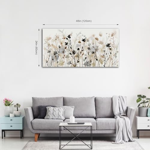 Image of Framed Flower Canvas Wall Art Abstract Grey Cream Brown Wildflowers Canvas Pictures Landscape Artwork Canvas Prints for Home Living Room Bedroom Kitchen Office Wall Decor Ready to Hang 24 inchx 48 inch