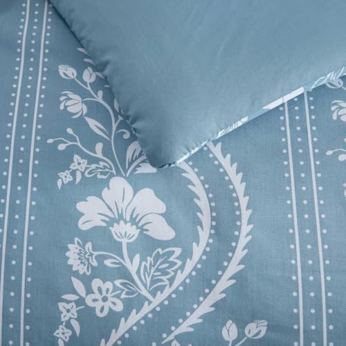 Image of Martha Stewart - King Comforter Set, Smooth Sateen Front with Subtle Sheen & Lightweight Cotton Percale Reverse, 3 Piece Bed Set with Matching Pillowcases (Sophia Stripe Blue)