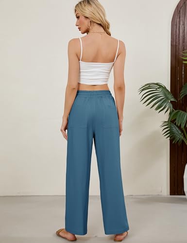 Women Summer Wide Leg Linen Pants Casual Palazzo Pant Cotton Lounge Beach Trousers with Pockets3