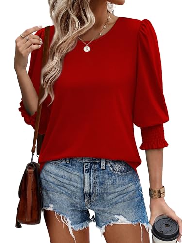 Image of XIEERDUO Blouses for Women Dressy Casual 3 /4 Length Sleeve Womens Tops with Smocked Cuffs