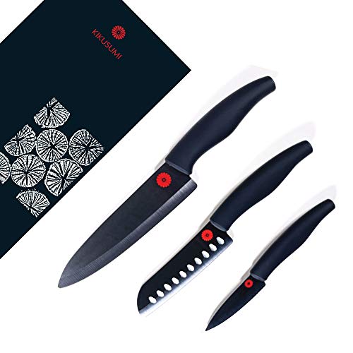 Kikusumi 3-Piece Chef Knife Set - SUMI Black Handle Black Ceramic Blade - 7 inch Gyuto Chef Knife 5 inch Santoku 3 inch Paring Luxury Gift Boxed Knife Set 3 Knife Sheath