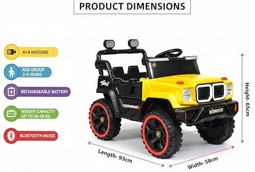 Image of Wishmaster 4x4 Kids Electric Ride On Jeep with Remote Control | Battery Operated Car for Kids 2-6 Years | RGB LED Lights, Bluetooth Music | Birthday Gift | 1-Year Warranty On Motors & Motherboard