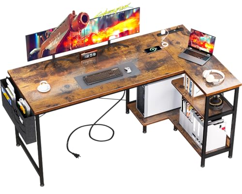 AODK ゲーミングデスク コンセント付き パソコンデスク 袋付き l字デスク 棚付き デスク 机 幅140 pcデスク desk 収納 オフィスデスク 在宅勤務 仕事用 組立簡単 ビンテージ