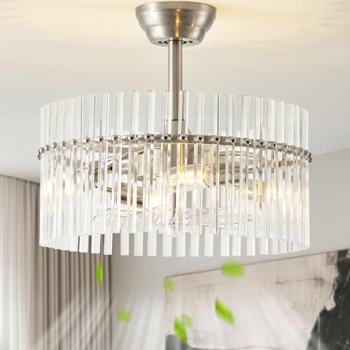 Image of SYDACG 20 inch Silver and Clear Crystal Fandelier Ceiling Fan with Light, Mid-Century Chandelier Ceiling Fan with Light Remote Control, 6 Speeds for Bedroom, Nursery, Living Room