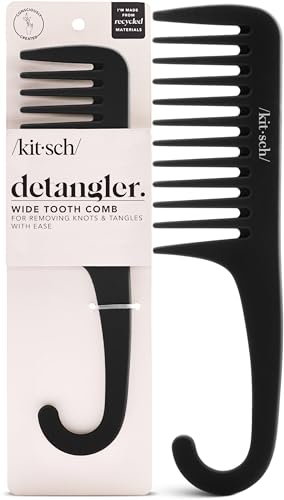 Kitsch Wide Tooth Detangler Comb - Curved Handle for Curly, Wet & Thick Hair, Black Shower Comb for Women