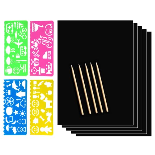 YUVKIN 50 hojas papel rascar, bloc notas y libros arte, Scratch Art para adultos, kit manualidades con 4 reglas dibujo y 5 plumas madera, ideal detalles, navidad y regalitos cumpleaños (18.5 * 12.7cm)
