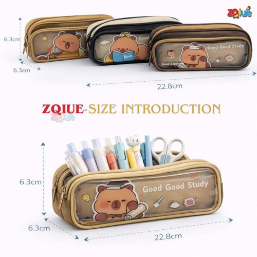 Image of Zqiue Good Study Cartoon Bear Pencil Pouch 3 Combo Set, Transparent Window Double Zipper Pen Case, Large Capacity Canvas Organizer for School, Kids, Teens & Office