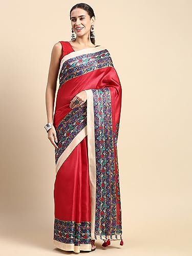 Image of RANI SAAHIBA Women's Art Silk Kalamkari Saree With Blouse Piece