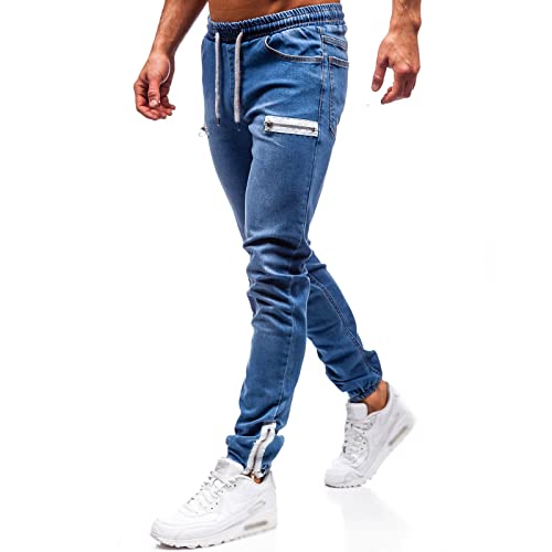 XYGJZ Mens Casual Jeans Slim Fit Solid Color Drawstring Elastic Waist Stretch Tapered Denim Jean Pants with Zipper Hem3