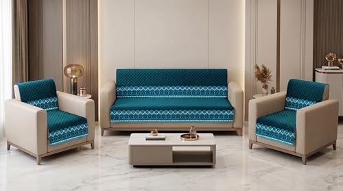 Image of Peacock Blue Velvet Sofa Mat, 3+1+1 Set | Full Cover for Seat & Back, Anti-Skid, Machine Washable