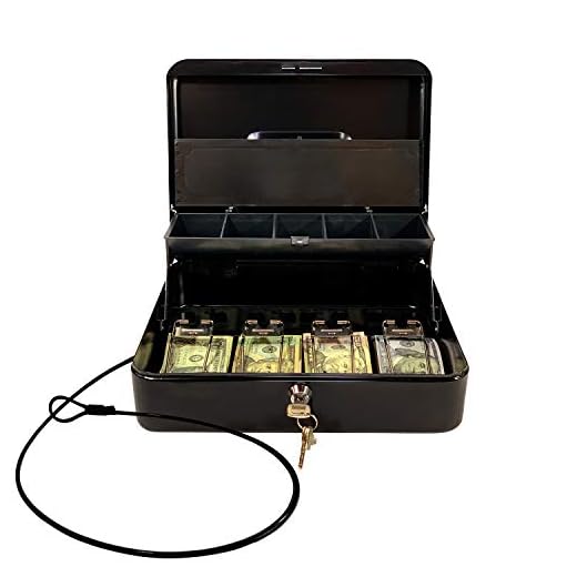 Cash Box by OSAFE – Money Box with Lock & Security Cable – Cash Safe Box with New Lid Coin Tray, 5 Compartments, 4 Spring Loaded – Large 3.5H x 9.5W x 11.8L Inch Metal Money Box with 4 Keys – Black