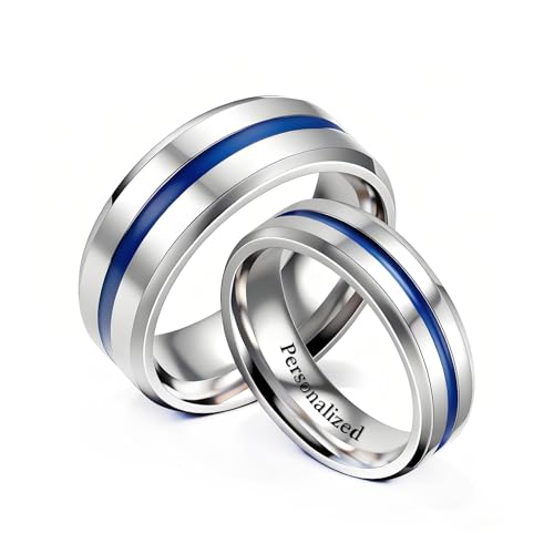 Ihanskio Personalizzato Anello per Le Coppie Blu della Banda del Modello Anelli all'Interno può Inciso Personalizzato Promessa di Nozze Anelli di Fidanzamento Argento 6-13# (Couple ring,1 PAIR)