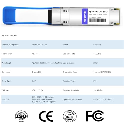 Image of 40G QSFP+ LR4 Optical Transceiver Module,Compatible with Mikro TIK Q+31DLC10D-20,40GBASE-LR4 QSFP+ 1310nm,CWDM4 20km LC DOM