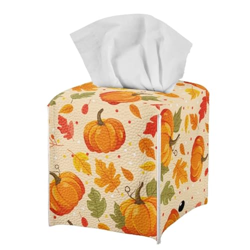 doginthehole Fall Decor Tissue Box Cover Autumn Maple Leaf Pumpkin Modern PU Leather Square Tissue Holder Decorative Facial Paper Organizer Dispenser for Bathroom Vanity Countertop, Nightstands, Car