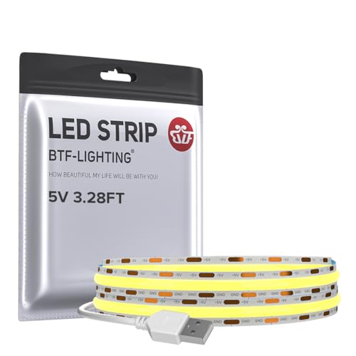 Image of BTF-LIGHTING FCOB USB Powered Warm White 2700K COB LED Strip Lights 3.28FT 320LEDs 5V 8mm Width 90+ High CRI Ultra Bright Flexible Light for 3D Printer TV Backlight Display Cabinet PC DIY Decor