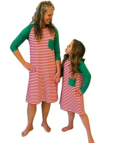 Christmas Casual Mother Daughter Winter Red Striped Maxi Dress Family Matching Pajamas Nightgown Dress (Red Girl, 120 for 4-5Y)