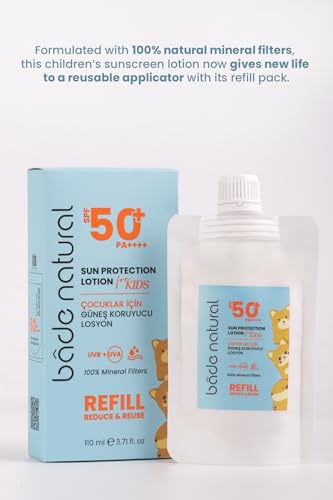 Image of Bade Natural SPF 50+ Kids Sunscreen Refill Lotion - 100% Natural Mineral-Based Broad Spectrum Sun Protection with Zinc Oxide & Botanical Oils - Refillable Eco-Friendly Pack, 3.7 fl oz