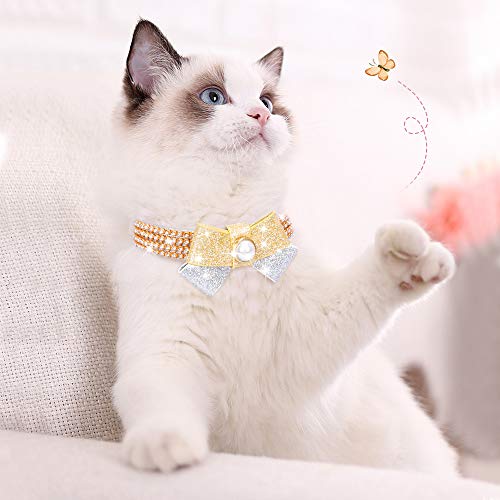 Image of Cat Collar, Dog Collar, [Bling Rhinestones][Cute Bow] PU Leather Adjustable Pet Collar for Cat and Small Dog Extra Small Silvery