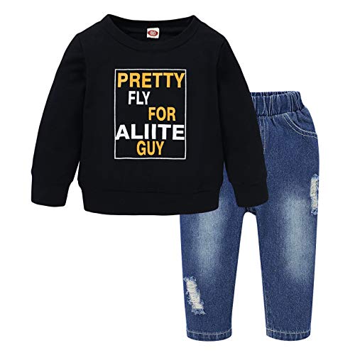 Toddler Boy Outfits Long-Sleeve Pullover Sweatshirt + Straight-Fit Ripped Jeans, Baby Boys Clothings 2-Pcs Set [2-3T, L-13.6 in] Black