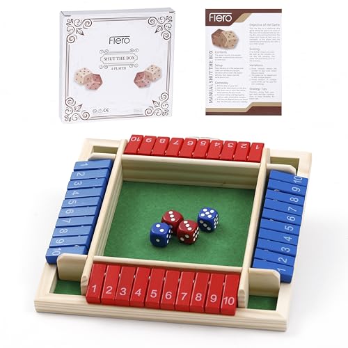 Flero Shut The Box - 4-Spieler-Würfelspiel - Taktik- und Rechenspiel (Blau & Rot) - Brettspiel, Lernspielzeug, Bildungsspiel für Kinder und Erwachsene - 8 Würfel