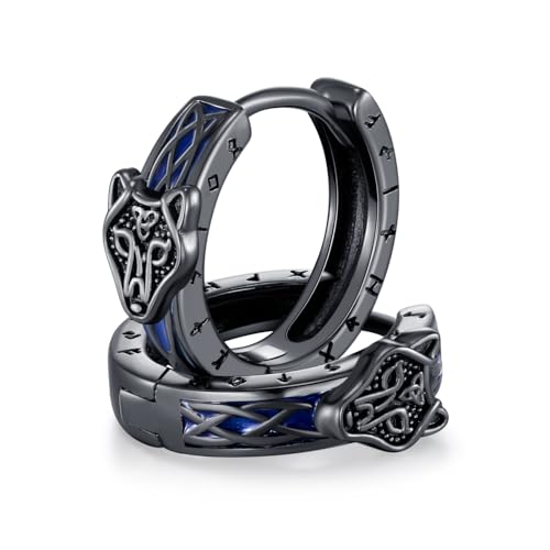 Black Viking Hoop Earrings for Men Women 925 Sterling Silver Viking Huggie Earrings Norse Pagan Rune Jewelry Fathers Day Birthday Gifts for Husband Dad