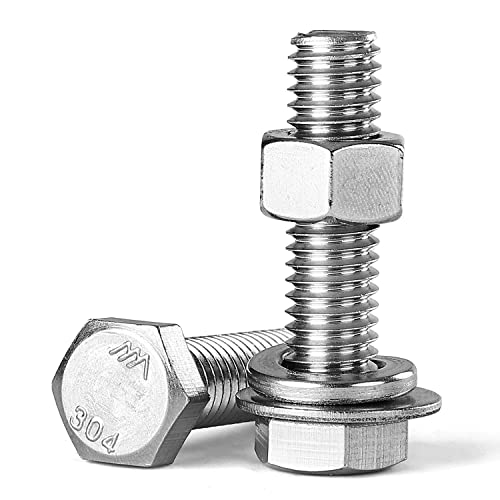 3/8-16 x 1-1/4" Hex Head Bolts Screws, Nuts, Flat and Lock Washers Assortment Kit, 304 Stainless Steel(18-8), Machine Fully Thread, Bright Finish 8Sets