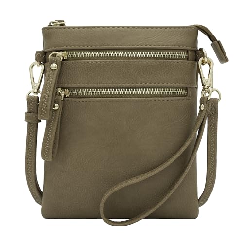 Solene Women's Faux Leather Organizer Multi Zipper Pockets Handbag With Detachable Wristlet Crossbody Bag-WU002(Stone)