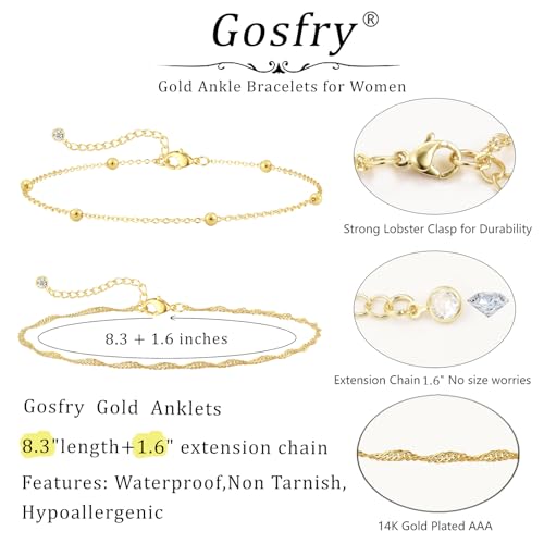 2/3 PCS Gold Anklets for Women Waterproof Cuban Link Anklet Beaded Bracelets Stackable Bracelets 14K Gold Plated Custom Jewelry Gifts Non Tarnish Lightweight4