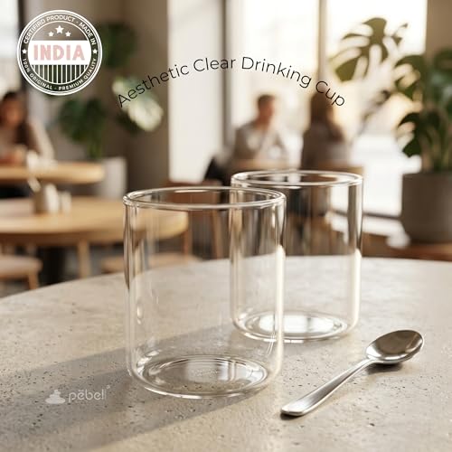 Image of PEBELLIFEWARE Aesthetic Glass Coffee Mugs (Set of 2) - Premium Borosilicate Clear Drinking Glasses Wide Minimalist 350ml for Coffee, Matcha, Smoothies - Microwave & Dishwasher Safe