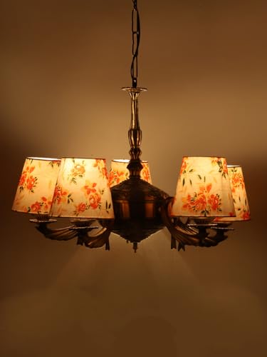Image of Devansh 05-Light Printed Conical Multicolor Cotton Shade Chandelier - Antique Golden Finish | Adjustable Cord | Warm Glow Lamp - Ceiling Light for Living Room, Dining Area, BedroomDecor - D7