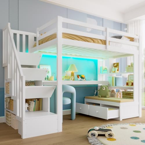 Sapgaks Lit superposé Enfant 90x200,lit Mezzanine 1 Place avec Bureau,lit Enfant avec Barriere,Lit Mezzanine escalier avec étagères, Deux tiroirs...