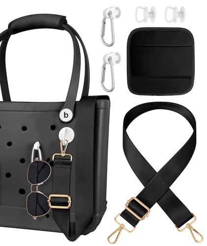 Image of Bag Strap Crossbody Charms for Bogg Bag Accessories - Shoulder Strap Neoprene Luggage Handle Wrap for Suitcase & 2 Key Holders Black