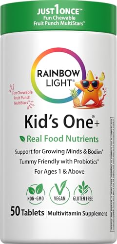 Rainbow Light Kids One + Multivitamin | 50 Chewable Tablets | with Iron & Tummy Friendly Probiotics | Fruit Punch Flavor | Real Food Nutrients