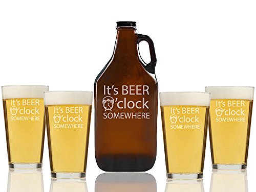 It's Beer O'Clock Somewhere Beer Amber Growler and Pint Glasses (Set of 5)