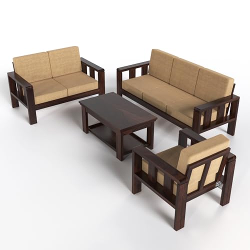 Image of 6 Seater Premium Sheesham Wood Sofa Set | Elegant Durable Walnut Finish | 3+2+1 Configuration | Living Room & Office | Soft Beige Cushions