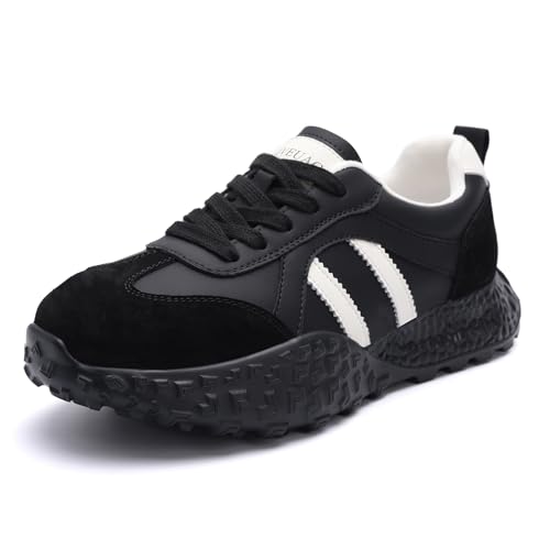 MVEUAC Platform Fashion Sneakers for Women Suede Patchwork Casual Lace Up Tennis Shoes Comfortable Non-Slip Women Walking Shoes Black Beige