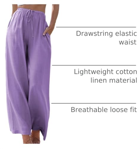 Image of Duyang Womens Cotton Linen Palazzo Pants Drawstring Elastic Waist Casual Wide Leg Trousers with Pockets