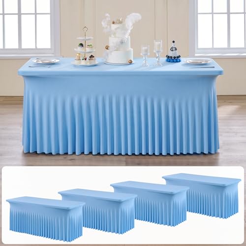 Image of 4 pk Baby Blue Spandex Tablecloth 6ft with Ruffle Skirt, Wrinkle Free High Stretch Fitted Tablecloths for 6 Foot Rectangle Tables, Blue Eastic Spandex Table Covers 6ft for Parties Banquet Weddings