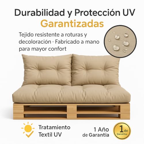 DECORESTOR Cojines para Palets Impermeables - Pack Completo Asiento 120x80, Respaldo 120x60 y 2 Cojines 40x40 - Sofá de Palets Exterior/Interior (Arena) - imagen 5
