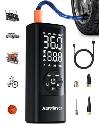 Aurethryon Tire Inflator Portable Air Compressor with Gauge, 150 PSI Mini Cordless Battery Powered Auto Air Pump for Car Tires - Electric Bike Tire Pump for Car/Motorcycle/Bicycle/Ball, White