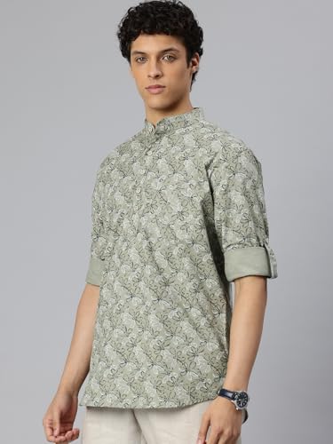 Image of Majestic Man Men's Pure Cotton Printed Mandarin Collar Regular Fit Roll-Up Sleeves Short Kurta